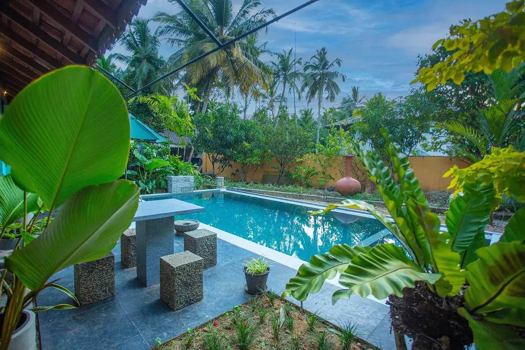Swimming pool framed by banana plants and stone garden seats